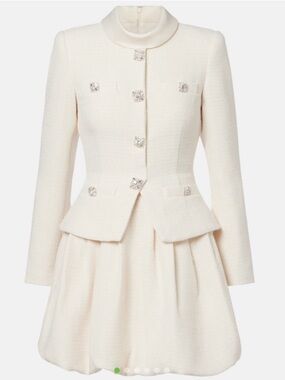 Self-Portrait Cream Tweed Mini Dress with Jewel Buttons